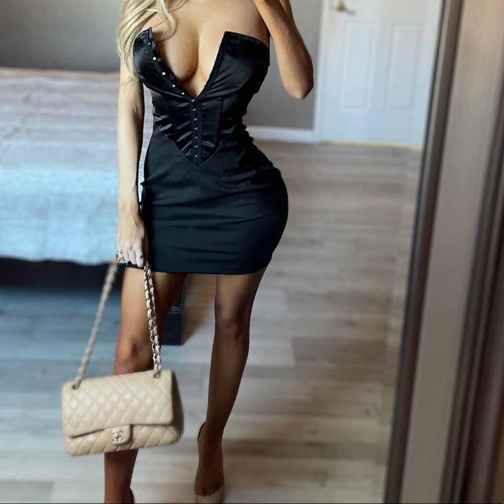 Black corset style strapless mini dress